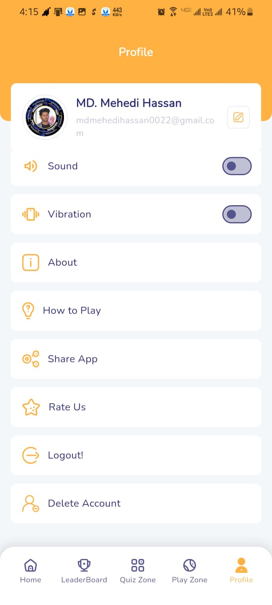 Brain Box Quiz Challenge App Profile Screen showing Delete Account option