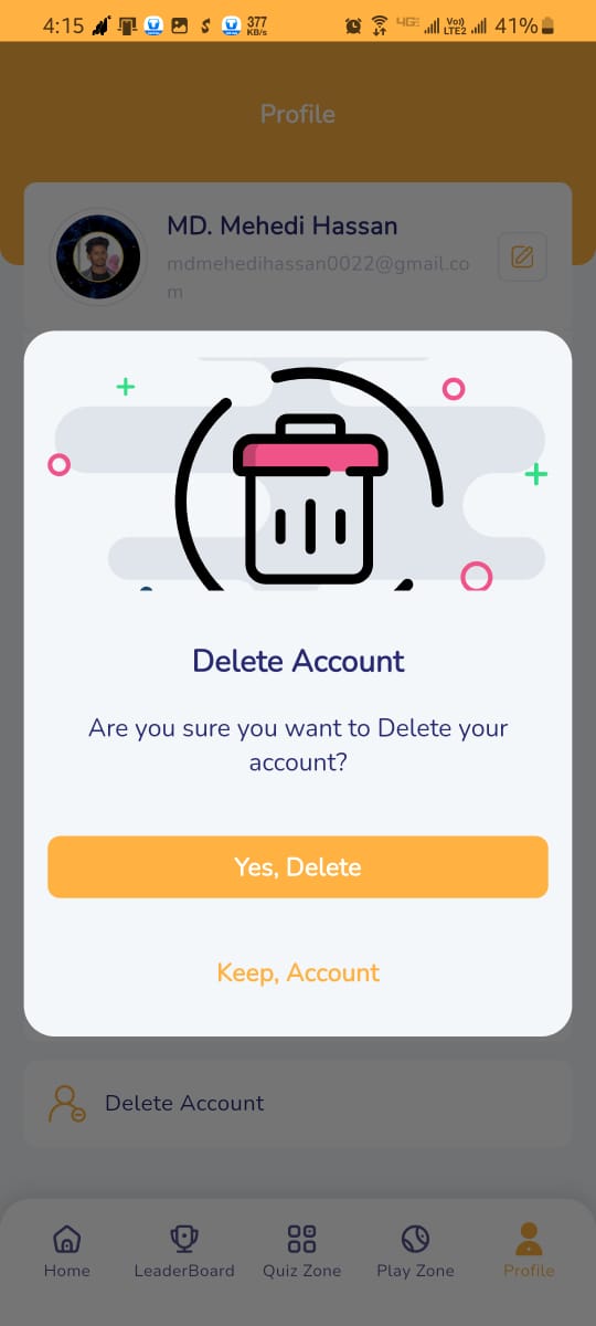 Brain Box Quiz Challenge App Delete Account Confirmation Pop-up
